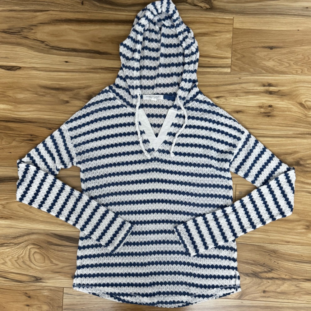 Aeropostale Navy White Striped Crochet Hooded Top Beach Boho Nautical Coastal M
